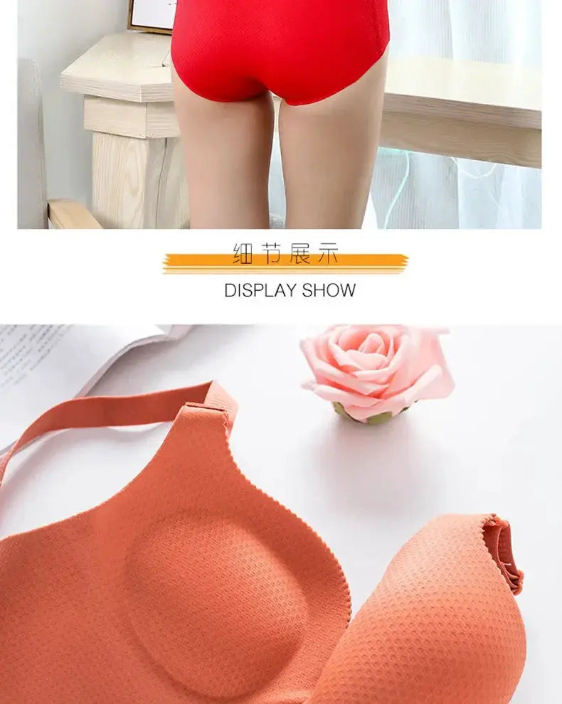 Extreme Push-Up Bra in peach textured fabric with adjustable straps; red high-waisted underwear (2 items)