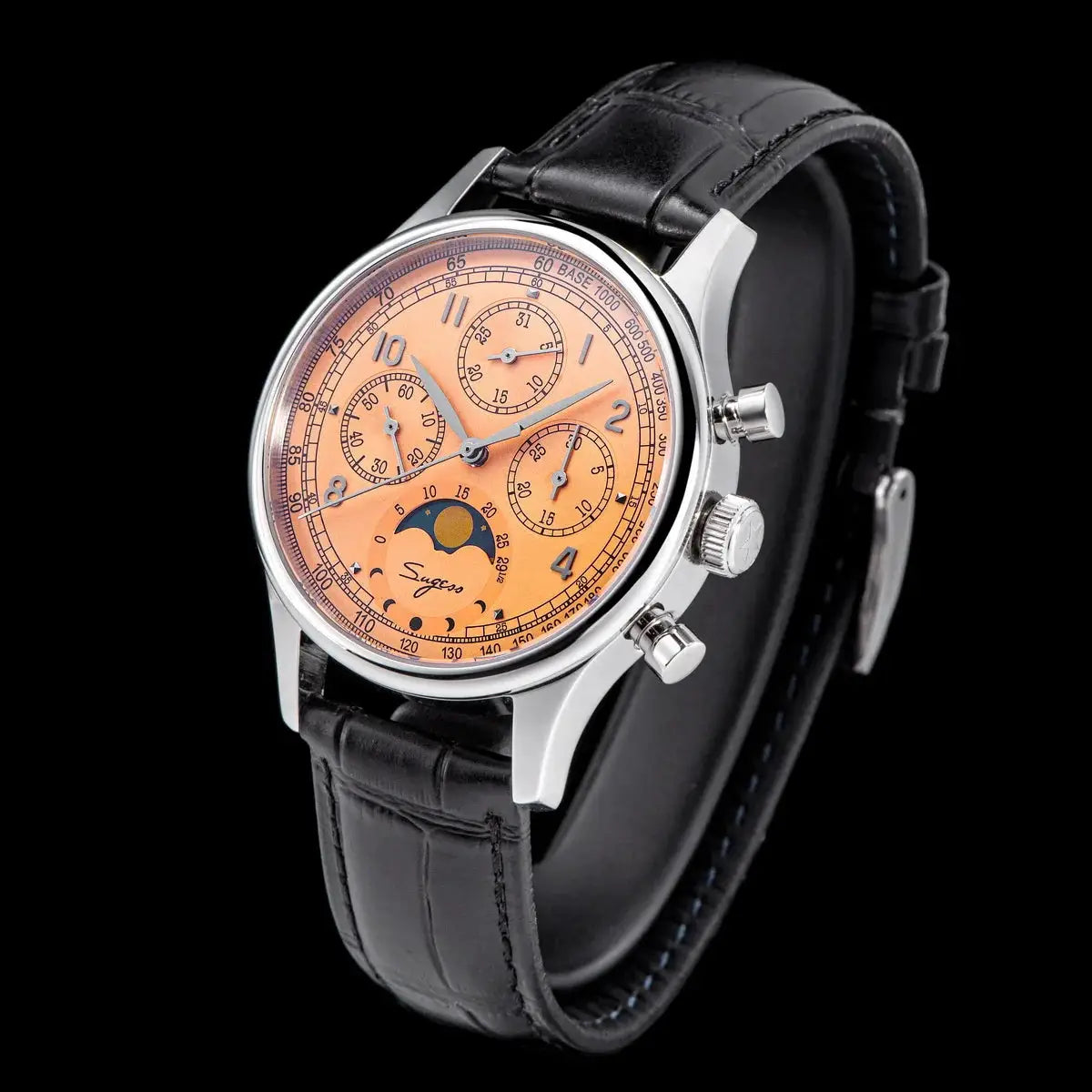 Sugess men's chronograph watch with peach dial, moonphase display, stainless steel case, black leather strap