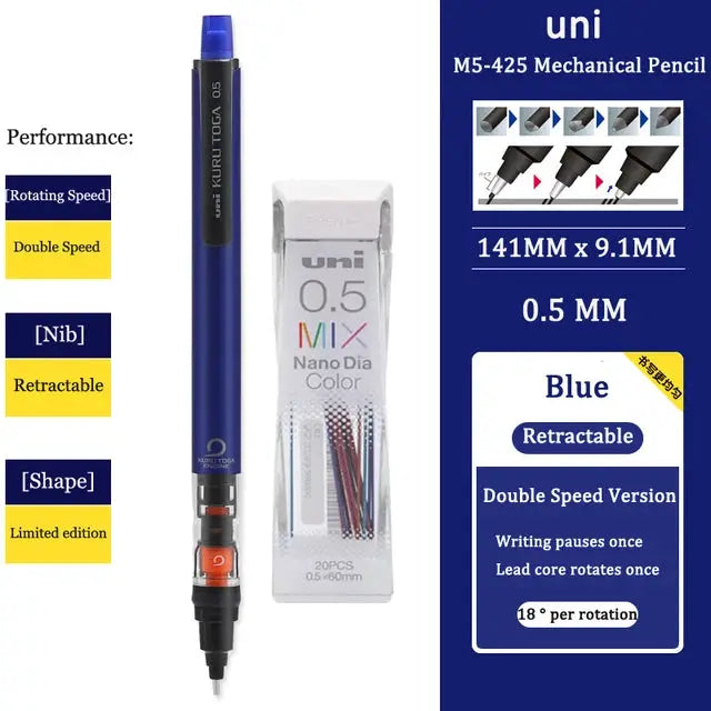 UNI Kurutoga blue mechanical pencil with 0.5mm lead, retractable, plus 20-piece lead refill pack.