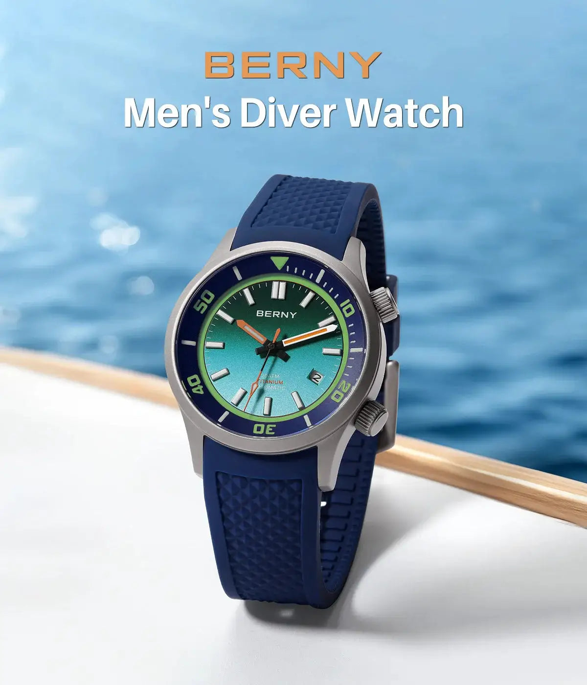 BERNY men's diver watch with blue silicone strap and teal dial