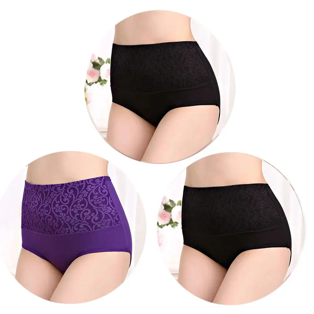 Simples Market 3-pack plus-size high-waist cotton briefs with lace-pattern panels in black and purple
