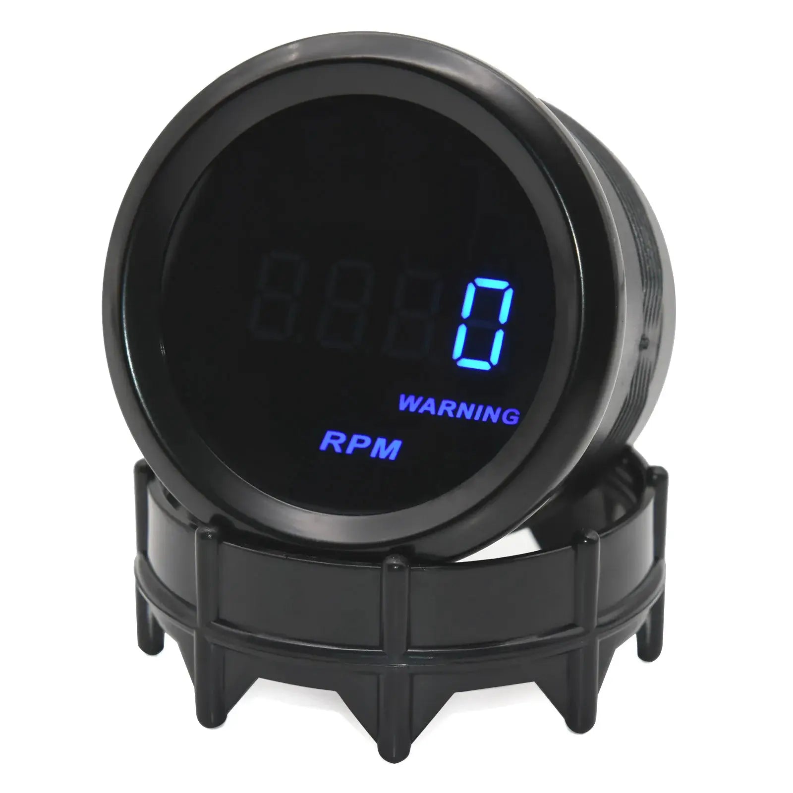 Digital gauge with 52mm black housing, blue LED RPM readout and warning text