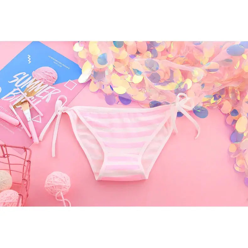 Women's pink and white striped premium cotton briefs with tie-side bows