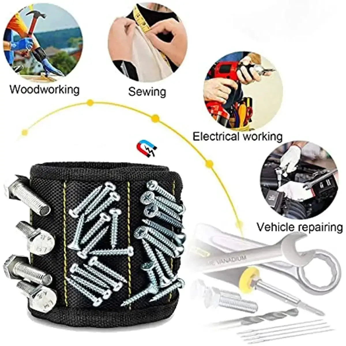 Simples Market magnetic tool wristband, black with yellow stitching, strong magnets hold nails and screws.