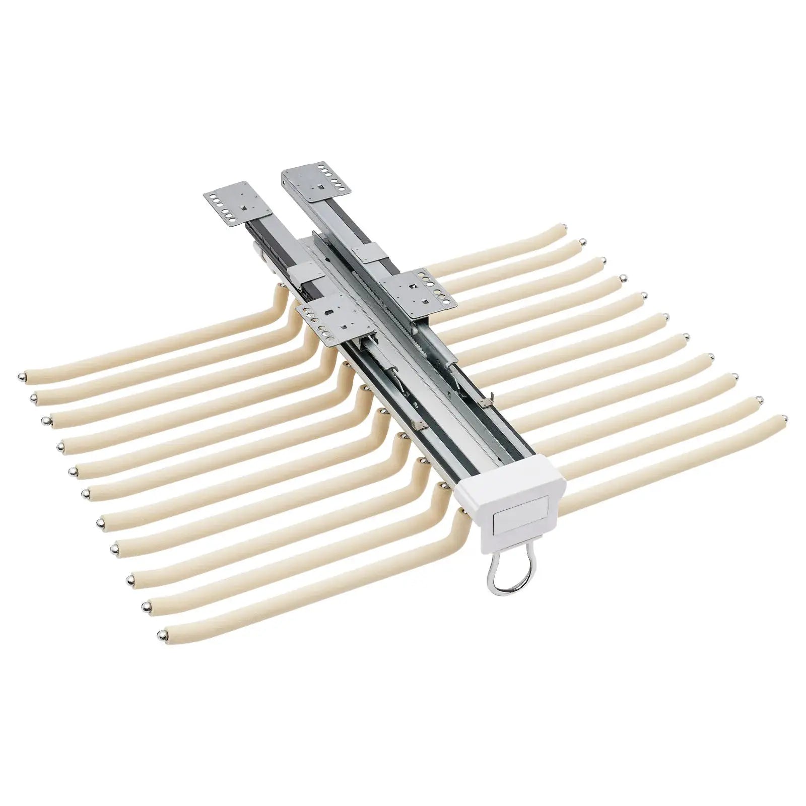 Space-Saving pull-out wardrobe trouser rack by Simples Market with extendable metal rails and 22 beige hangers