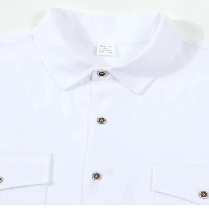 Men's white linen long-sleeve button-up shirt by Simples Market with double chest pockets and wooden buttons