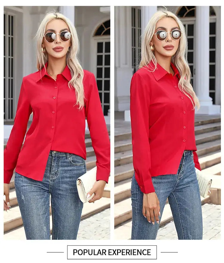 Women's red chiffon button-down blouse with long sleeves and turn-down collar, shown in two views.