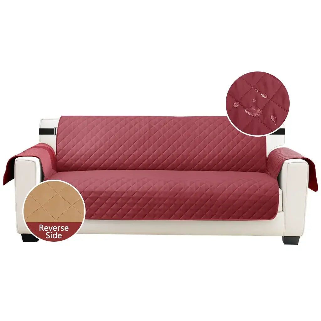 Red quilted waterproof sofa cover with elastic straps for 1/2/3/4 seater couches