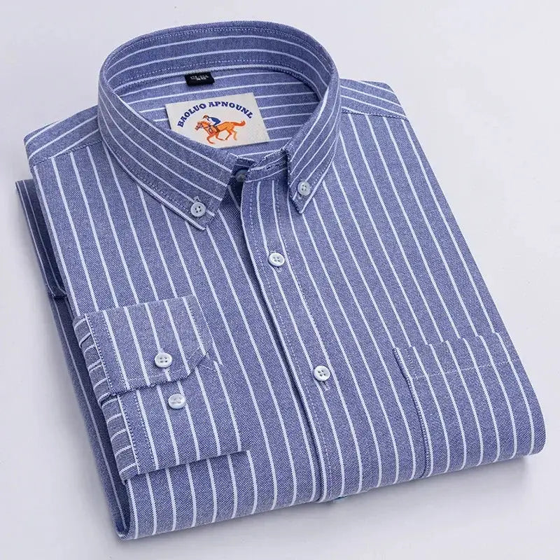 Men's blue striped cotton Oxford shirt, long sleeves, button-down collar, Simples Market