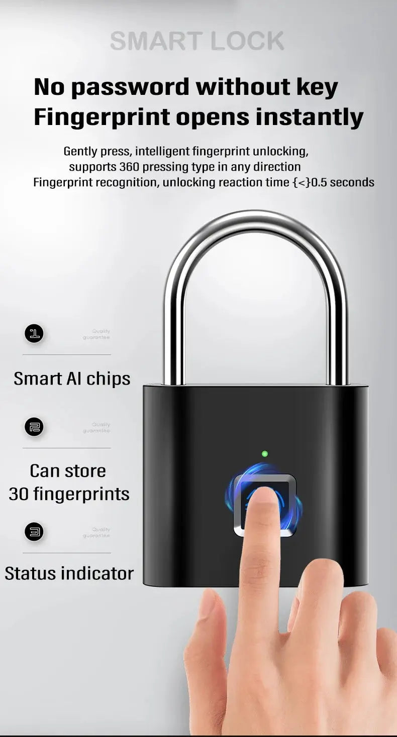 Simples Market keyless smart fingerprint padlock with USB charging, black body and silver U-shaped shackle