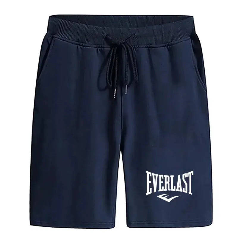 Men's navy blue Everlast sport shorts with drawstring waist, knee-length gym shorts