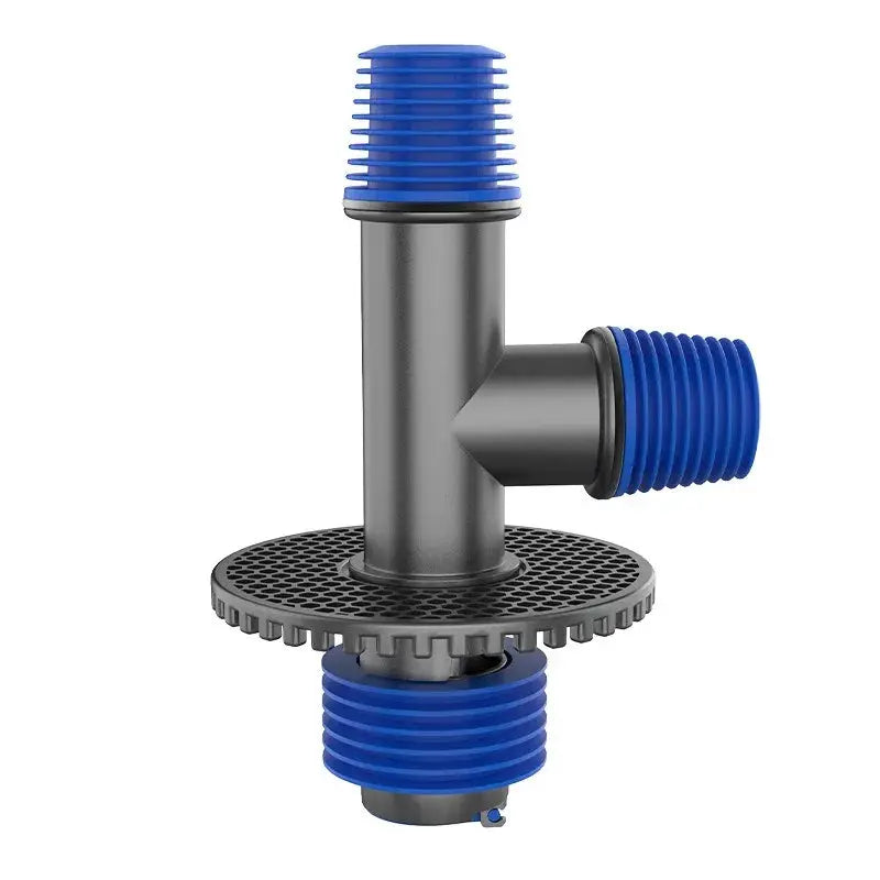 Simples Market universal washing machine floor drain 2-in-1 connector with blue hose fittings, metal body