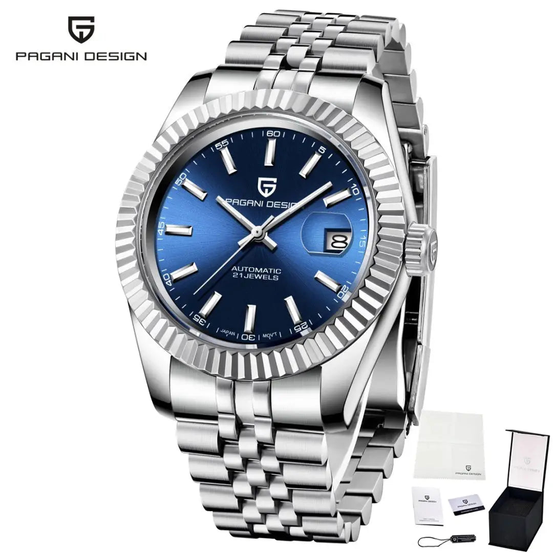 Pagani Design men's automatic watch with blue dial, stainless Jubilee bracelet, date window, Japan movement