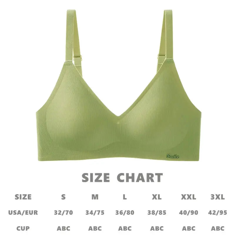 Green latex cup bra with adjustable straps and Smile logo on the cup
