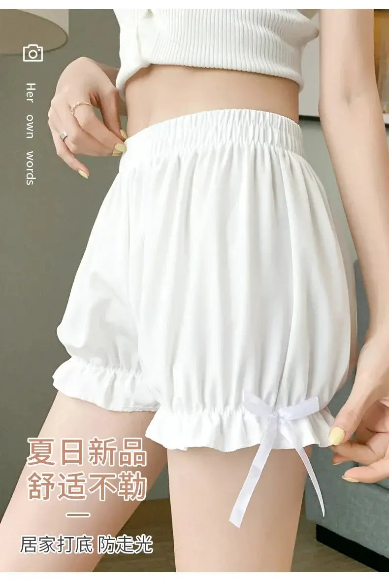 Women white satin pettipants with ruffle hem and bow, elastic waistband