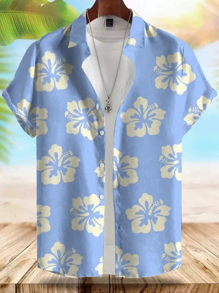 Seaside Hawaiian style men's short-sleeve shirt, blue with white hibiscus print by Simples Market