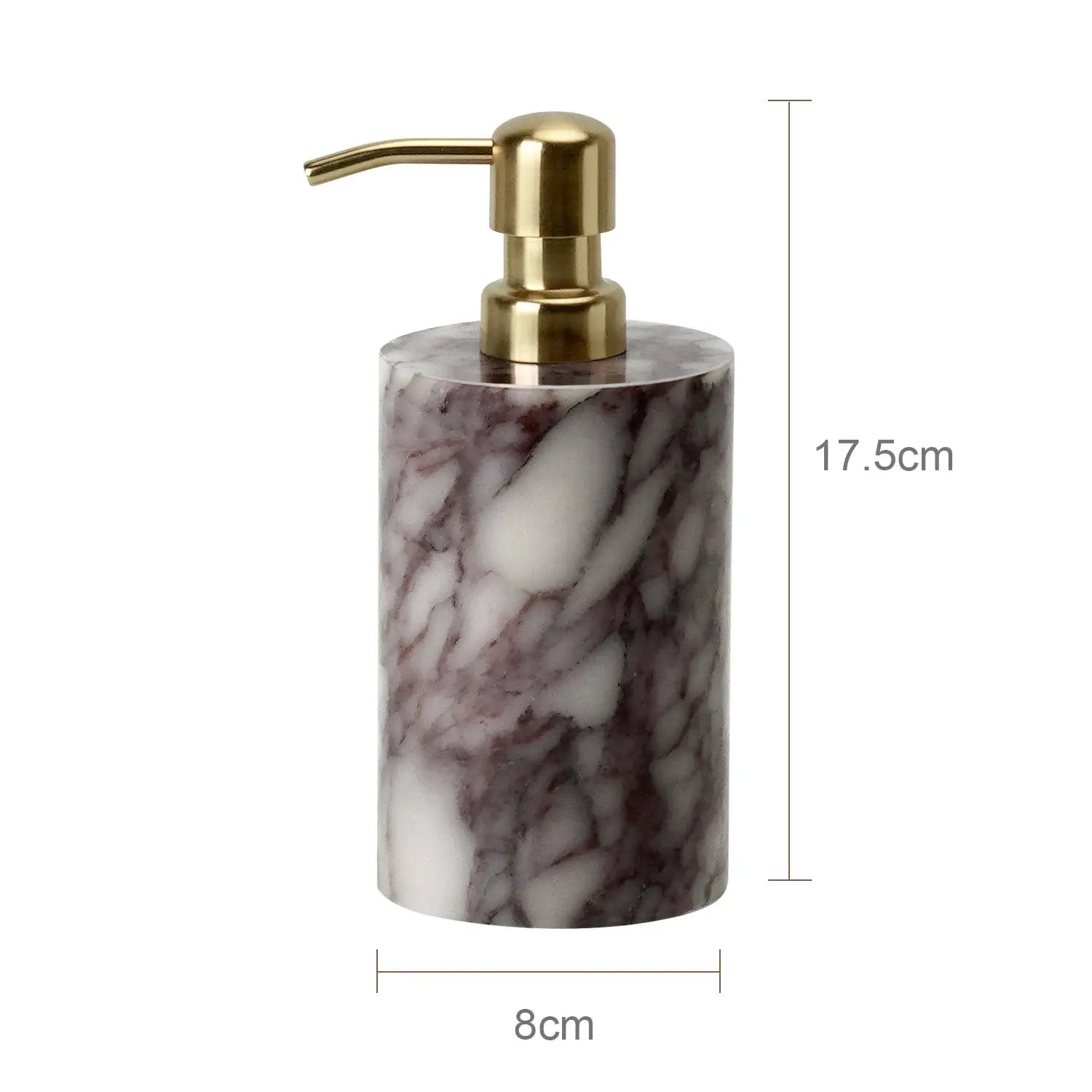 Calacatta Viola marble soap dispenser with gold pump, 17.5 cm tall and 8 cm wide