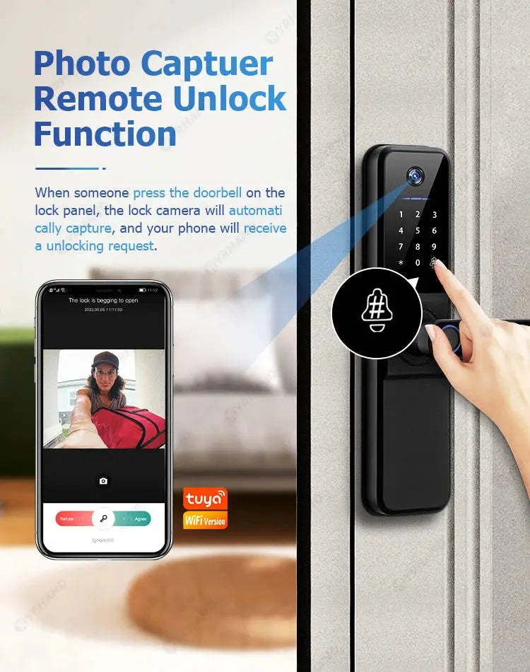 YRHAND H01 smart door lock with biometric camera and fingerprint; Tuya WiFi version