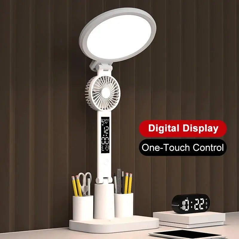 LED Clock Desk Lamp in white with circular ring light, vertical digital display, and pencil-cup base; nearby desk clock.