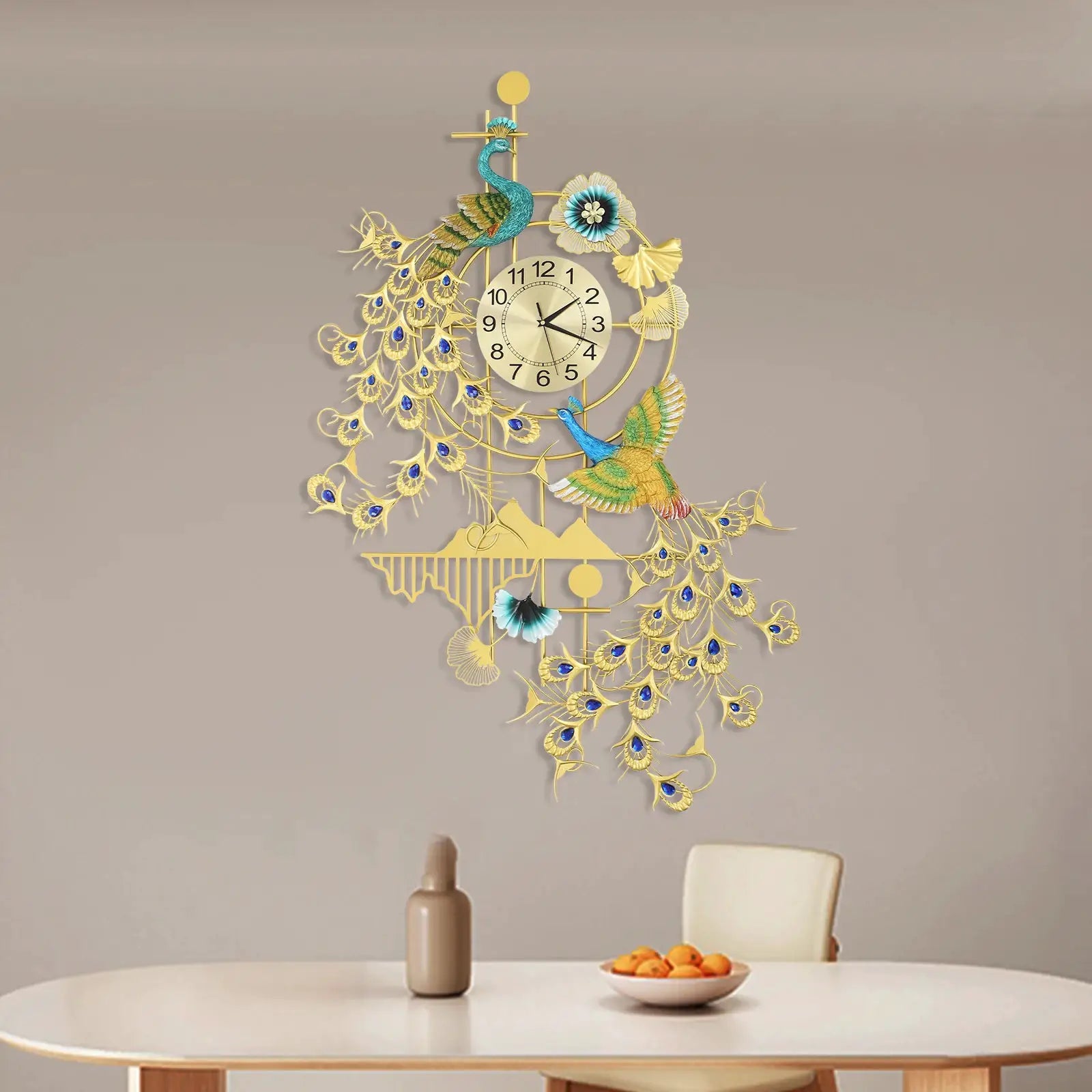 Large 80x120cm Peacock Wall Clock by Simples Market; gold and blue rhinestone resin iron art decor.
