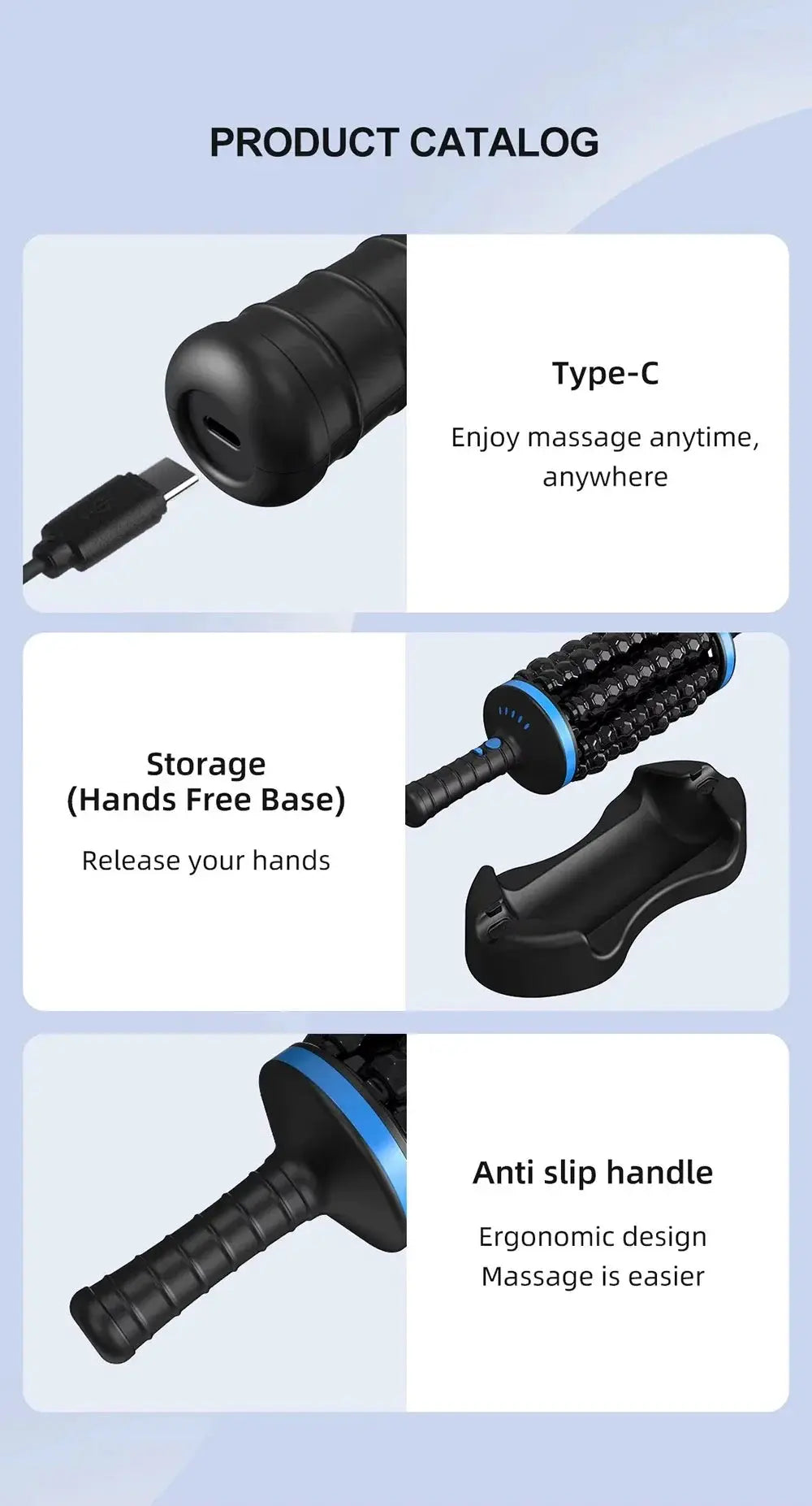 Simples Market cordless roller massager with Type-C charging, black roller, blue accents, and storage base