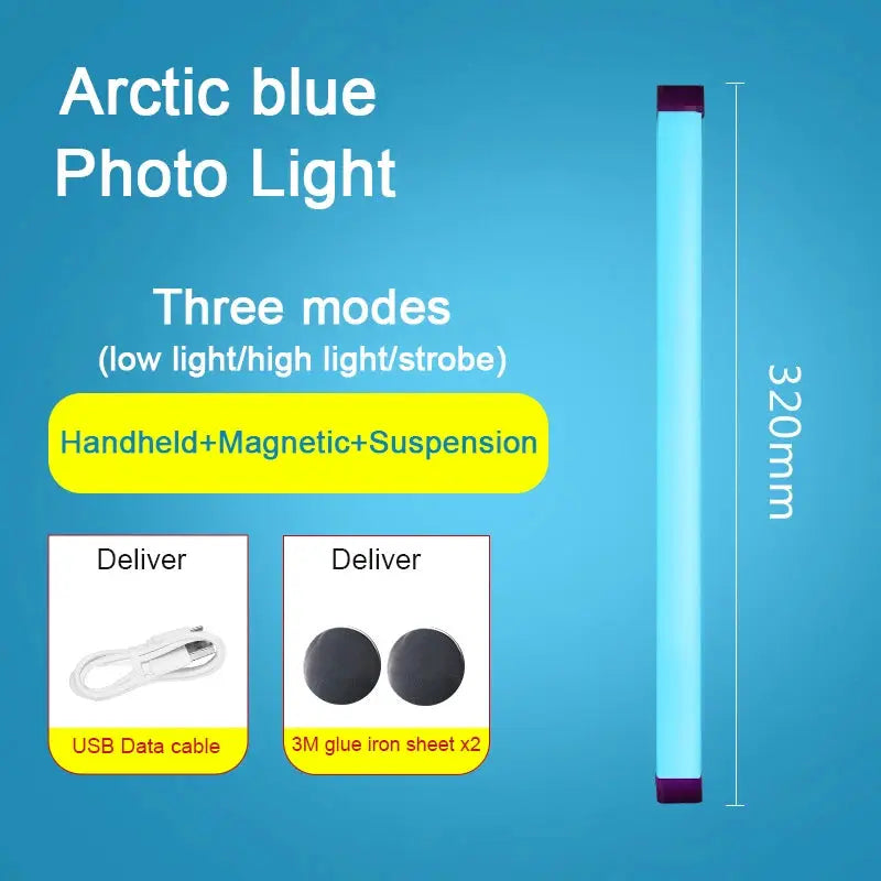 Arctic blue RGB LED night light, 320mm, rechargeable; three modes; includes USB cable and 3M glue iron sheets x2.