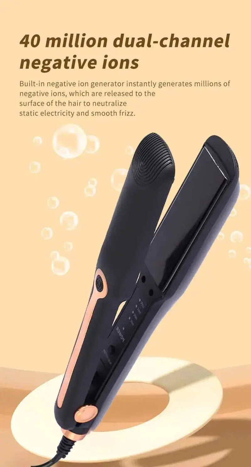 2-in-1 hair straightener curling iron with ceramic plates, black with rose-gold accents.