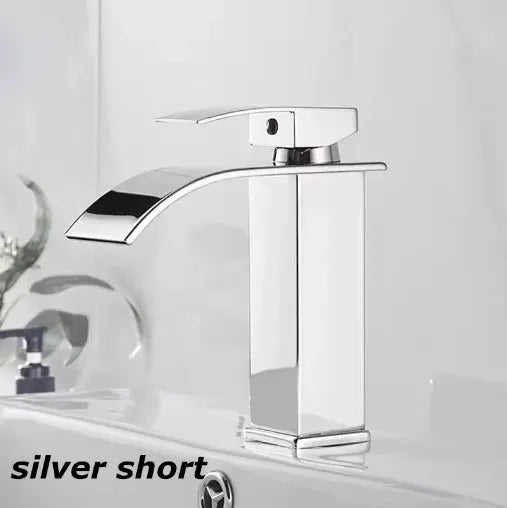 Waterfall wash basin faucet by Simples Market in chrome finish with high-arc spout for bathroom sink