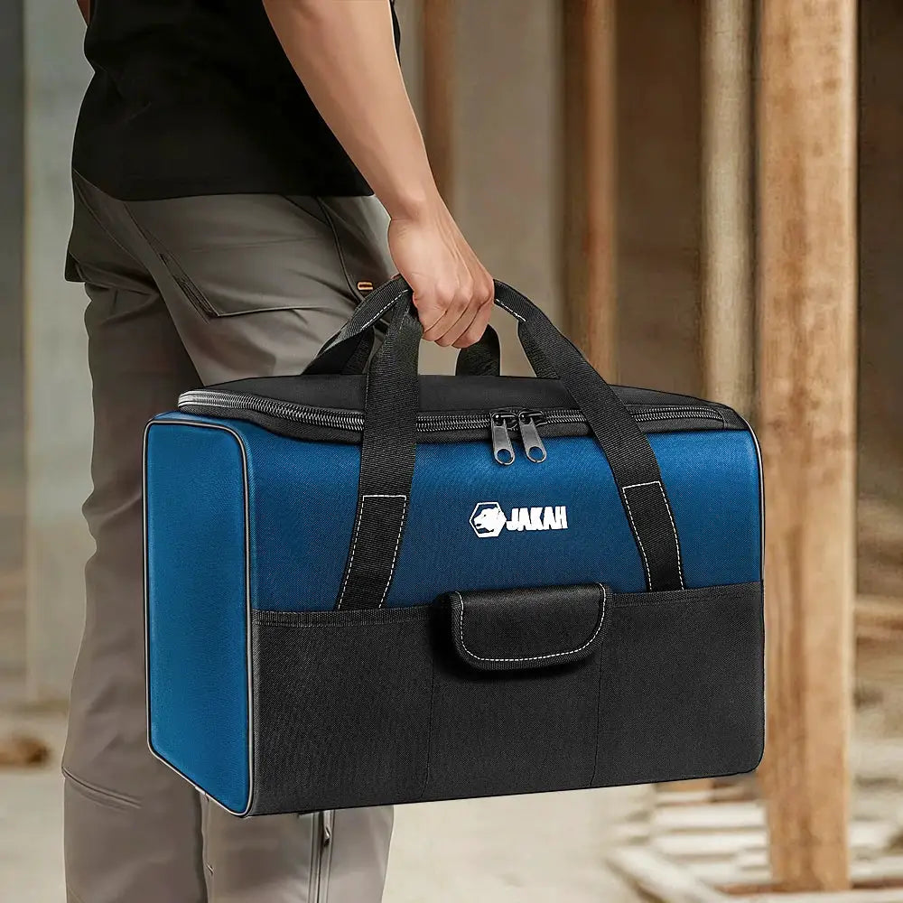 Heavy Duty Polyester Tool Bag in blue with black base; Simples Market branding and dual top handles.