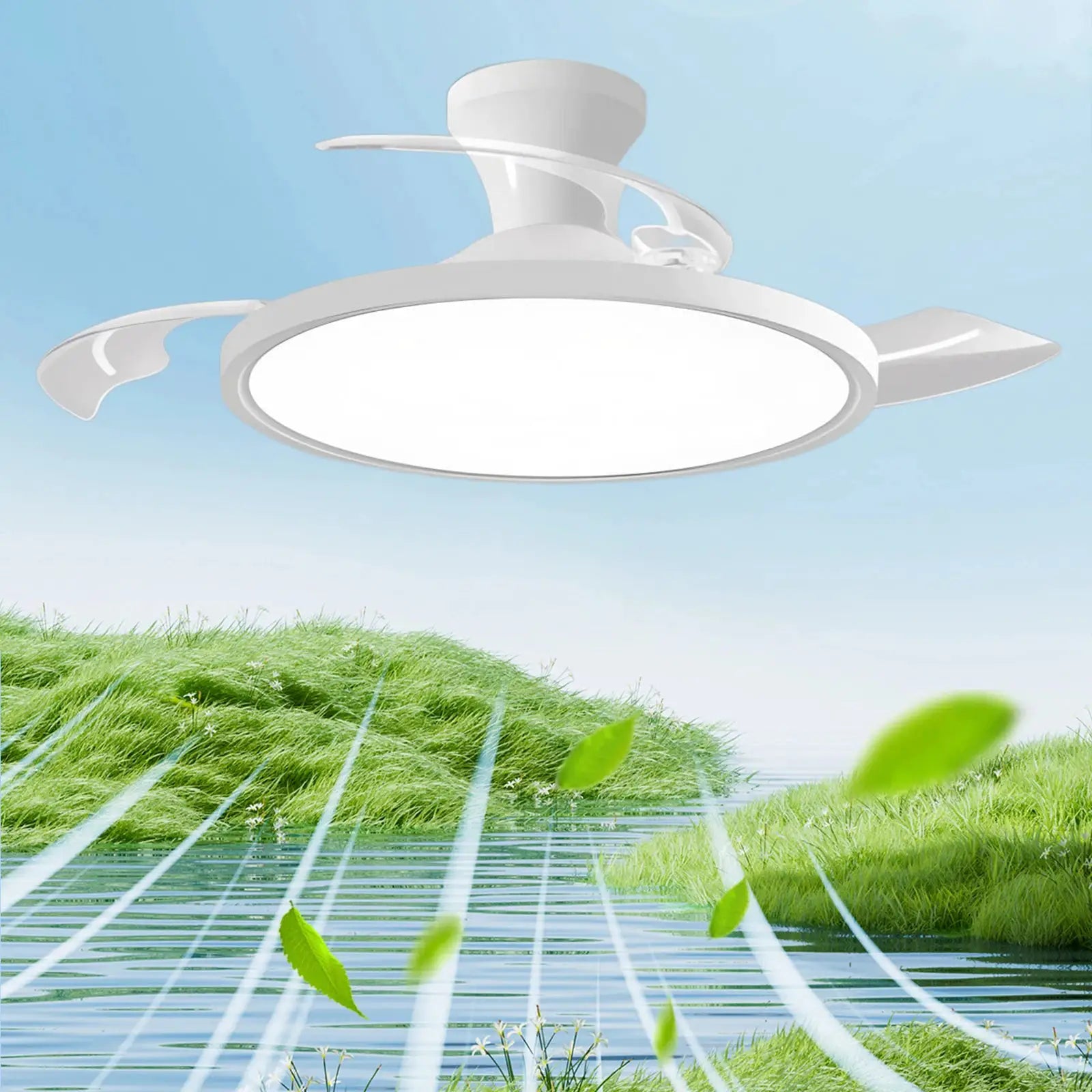 IRALAN white ceiling fan with integrated LED light, round panel and curved blades