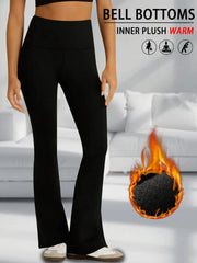 Women's black high-waisted fleece-lined bell-bottom leggings