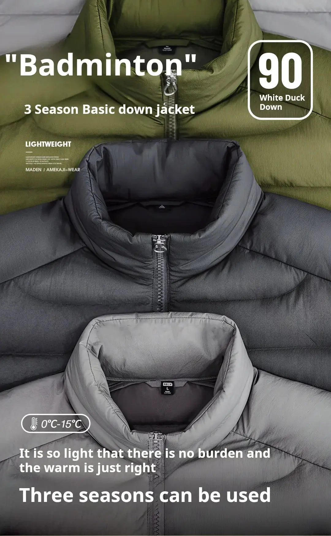 Three Maden Winter men's lightweight stand-up collar down jackets with white duck down filling.