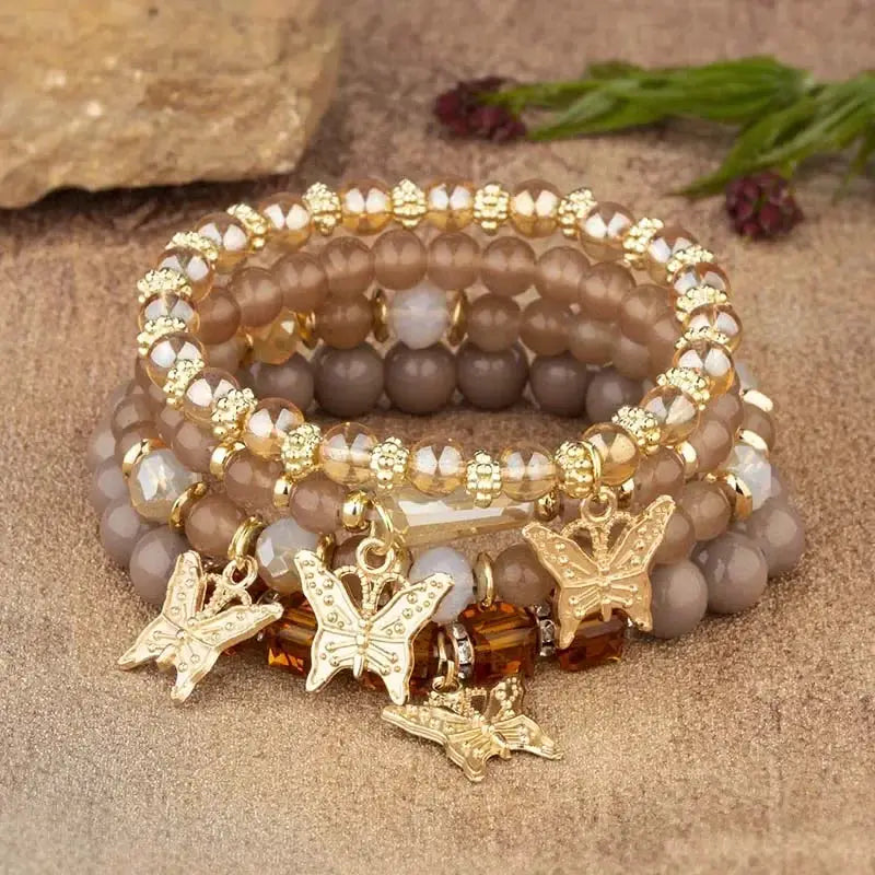 4 Pcs Trendy Butterfly Beaded Bracelet Set For Women Pink Acrylic Beads Elastic Chain Bangles Party Jewelry Gift