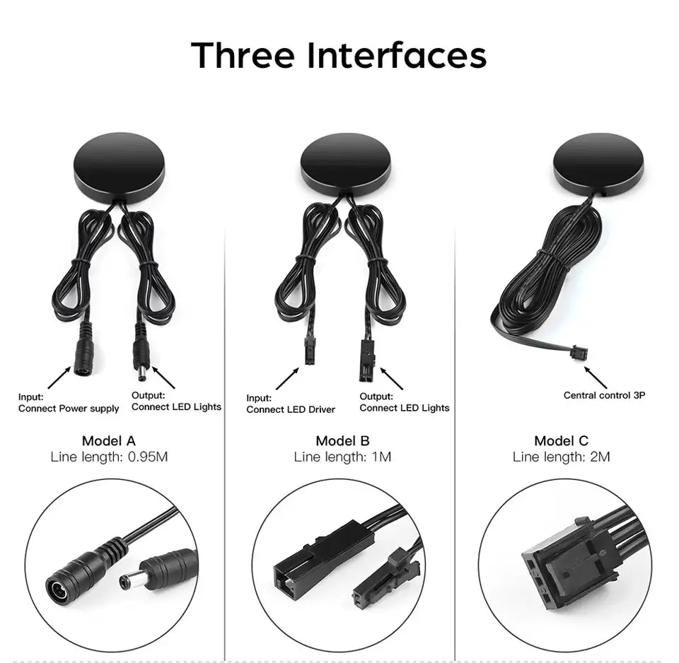 Simples Market three-interface touch dimmer kit; round black control discs with cables for LED under-cabinet lighting.
