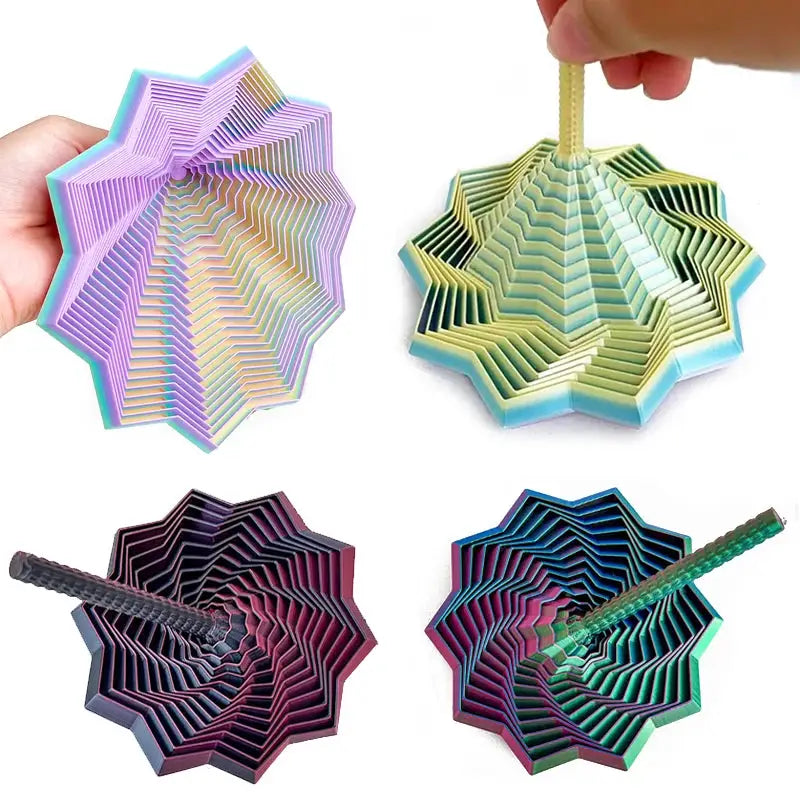 Simples Market 3D printed sensory fidget star model with iridescent multi-layer hexagon spirals; four-piece color set