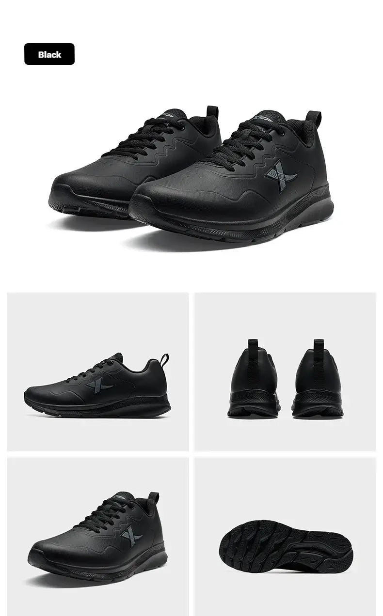 Xtep men's running shoes, black leather upper, waterproof, cushioned wear-resistant sneakers