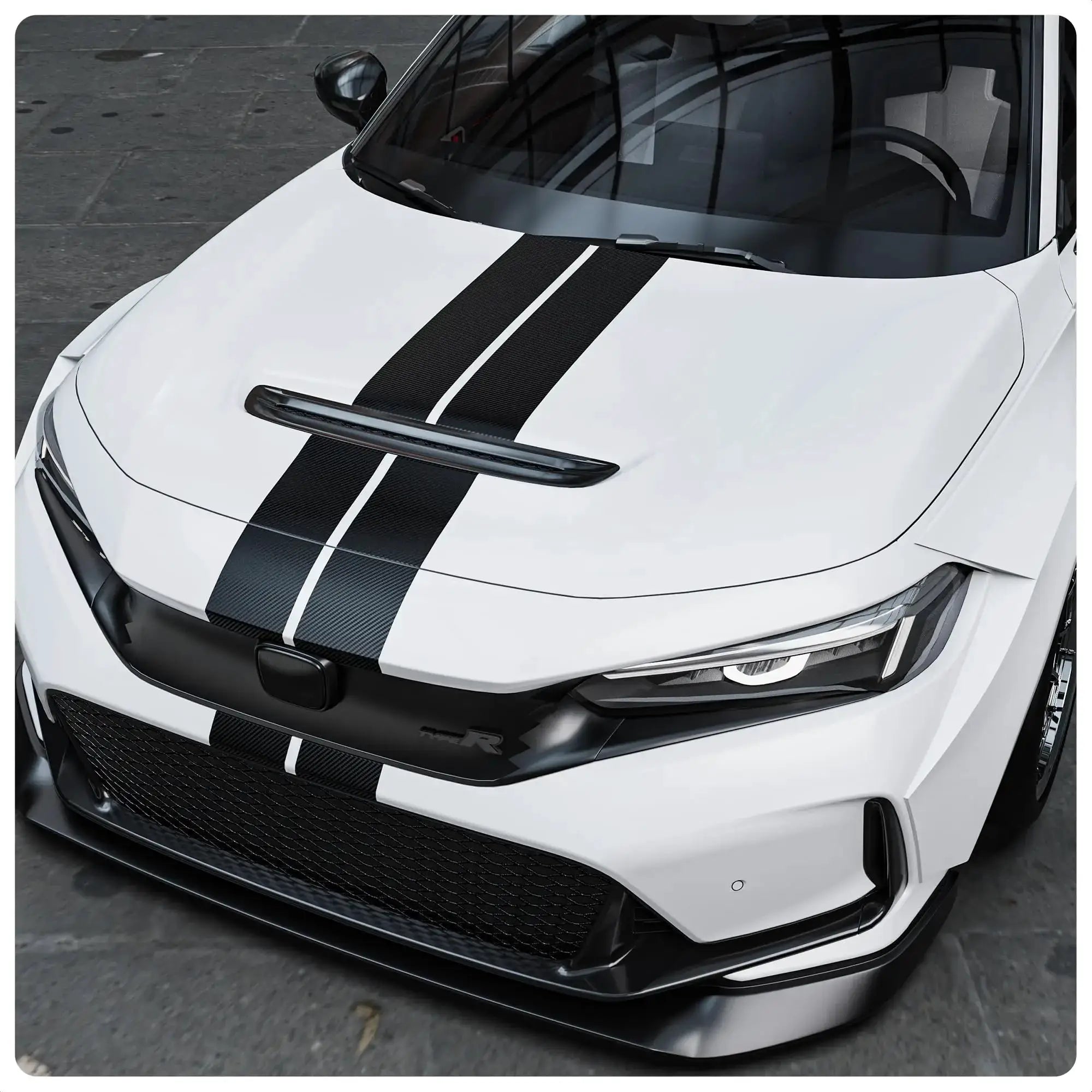 Simples Market carbon fiber matte black car wrap film on white hood with dual center stripes