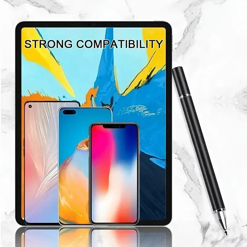 Universal Stylus Pen by Simples Market; black touchscreen pen shown with tablets and smartphones.