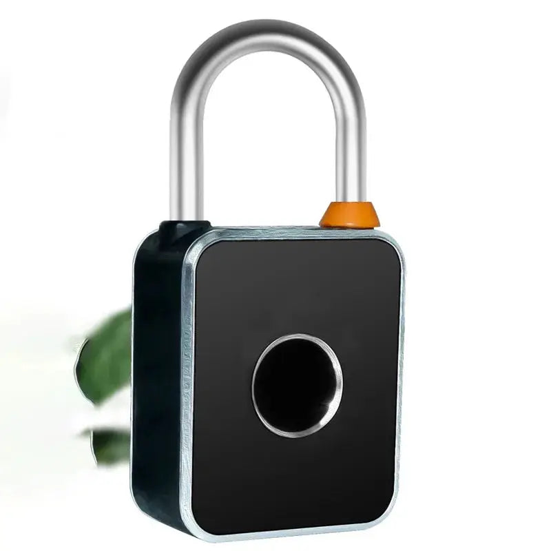 3-in-1 mini smart padlock USB charging; black body with silver trim and orange top, for cabinets, doors and bikes