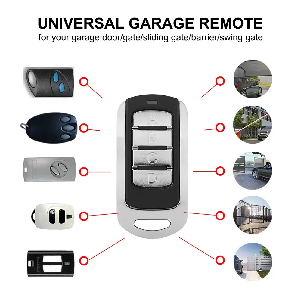 Simples Market universal garage remote with four silver buttons; multi-frequency 280–868MHz and assorted shells shown.