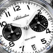 Addiesdive men's watch with white dial, black subdials, stainless steel case, and 100m water resistance