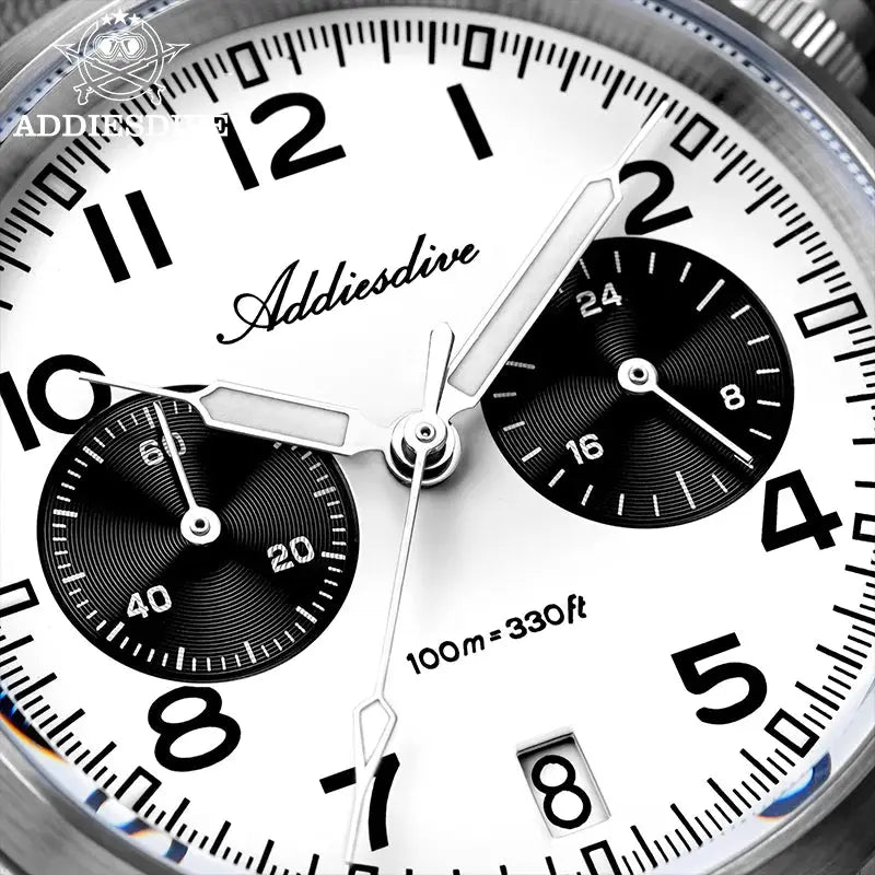 Addiesdive men's watch with white dial, black subdials, stainless steel case, and 100m water resistance