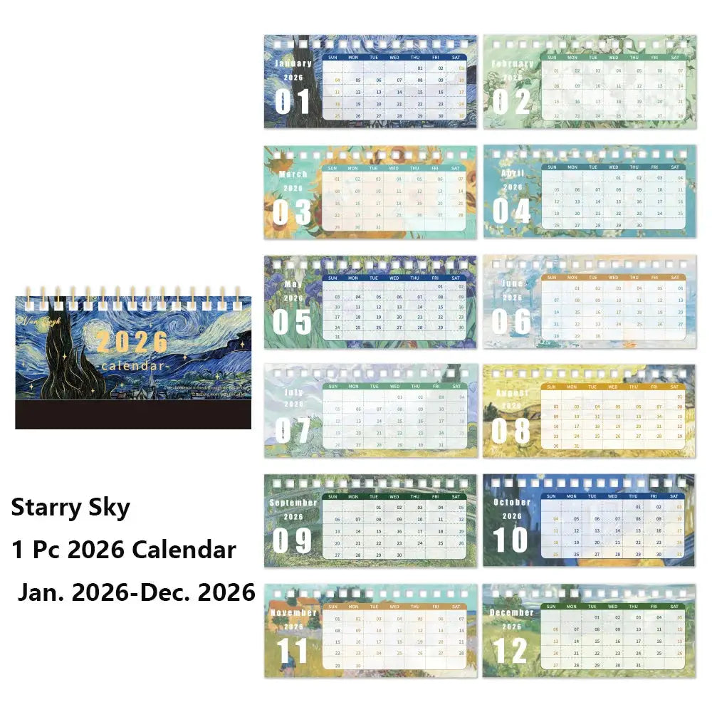 Starry Sky 2026 desk calendar by Simples Market, 12-month monthly calendar with vintage painting design