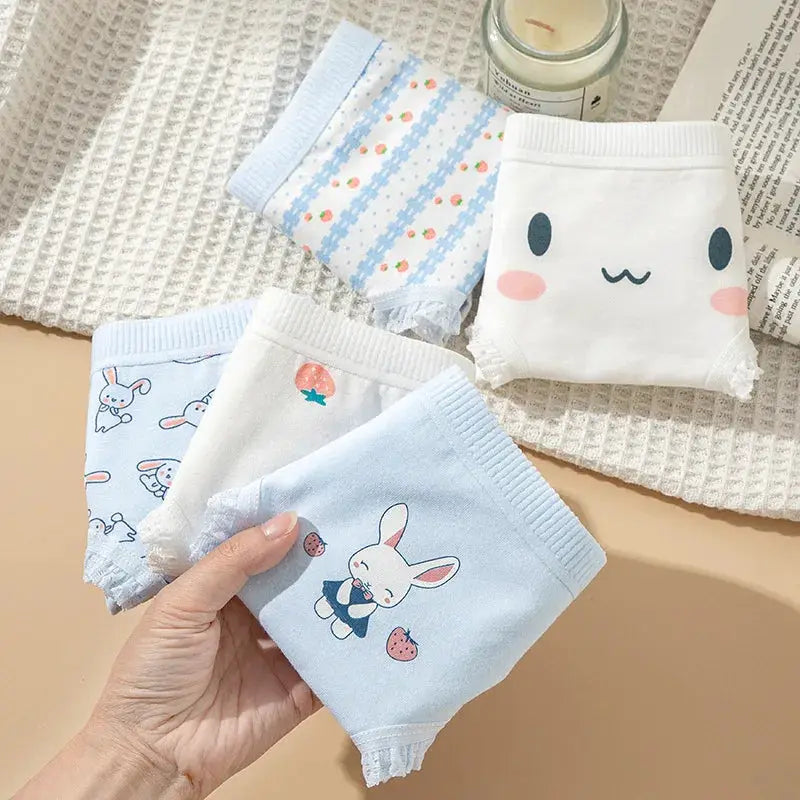 5-piece Simples Market cotton bunny and strawberry print women’s panties set; pastel blue/white breathable briefs