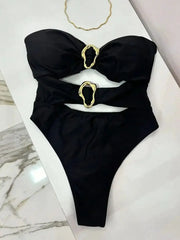 3 Colors Sexy Metal Rings Cut Out Women Neoprene Swimwear One Piece Bandeau High Leg Bathing Suit