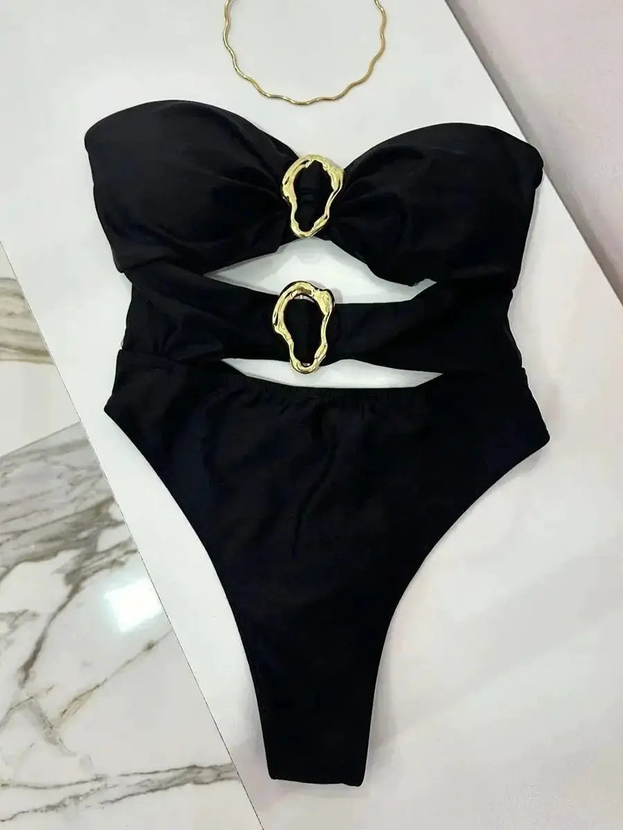 3 Colors Sexy Metal Rings Cut Out Women Neoprene Swimwear One Piece Bandeau High Leg Bathing Suit
