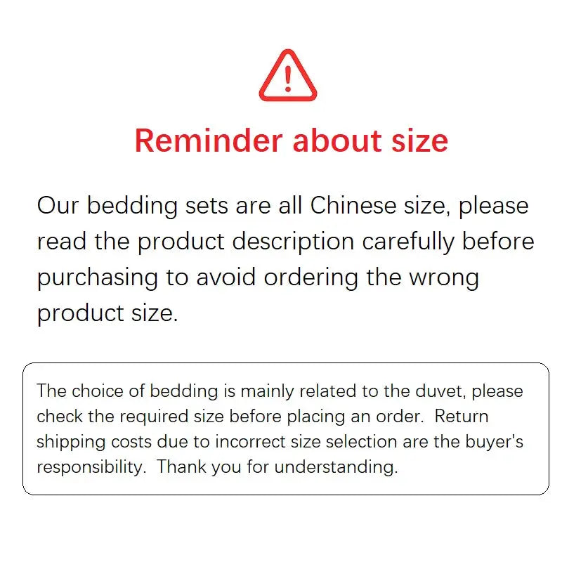 Size reminder banner with red warning icon and Chinese size notice on Simples Market bedding set page