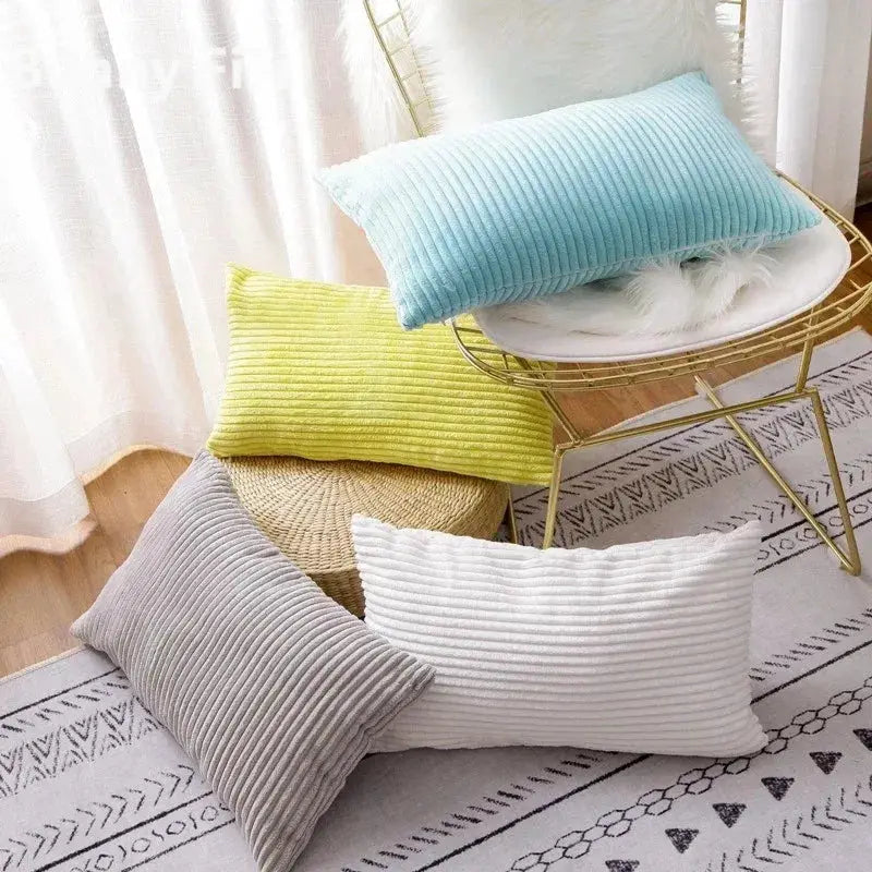 Corduroy striped cushion covers set of 4 in blue, yellow, gray and white for living room decor