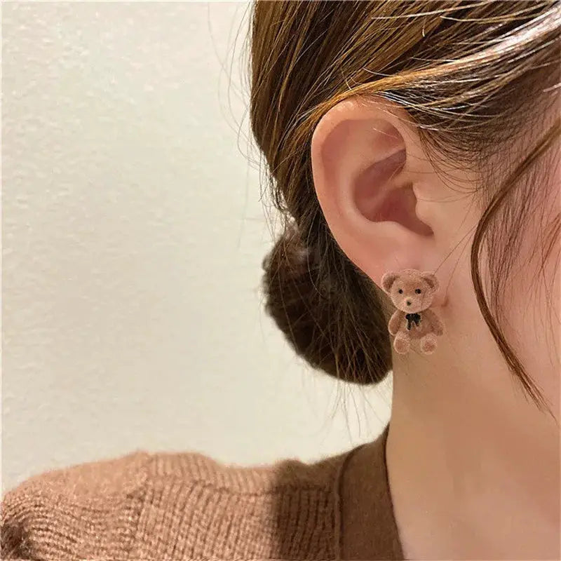 New Design Cute Flocking Plush Rabbit Stud Earrings For Women Korean Fashion Brown Jewelry Gift Party