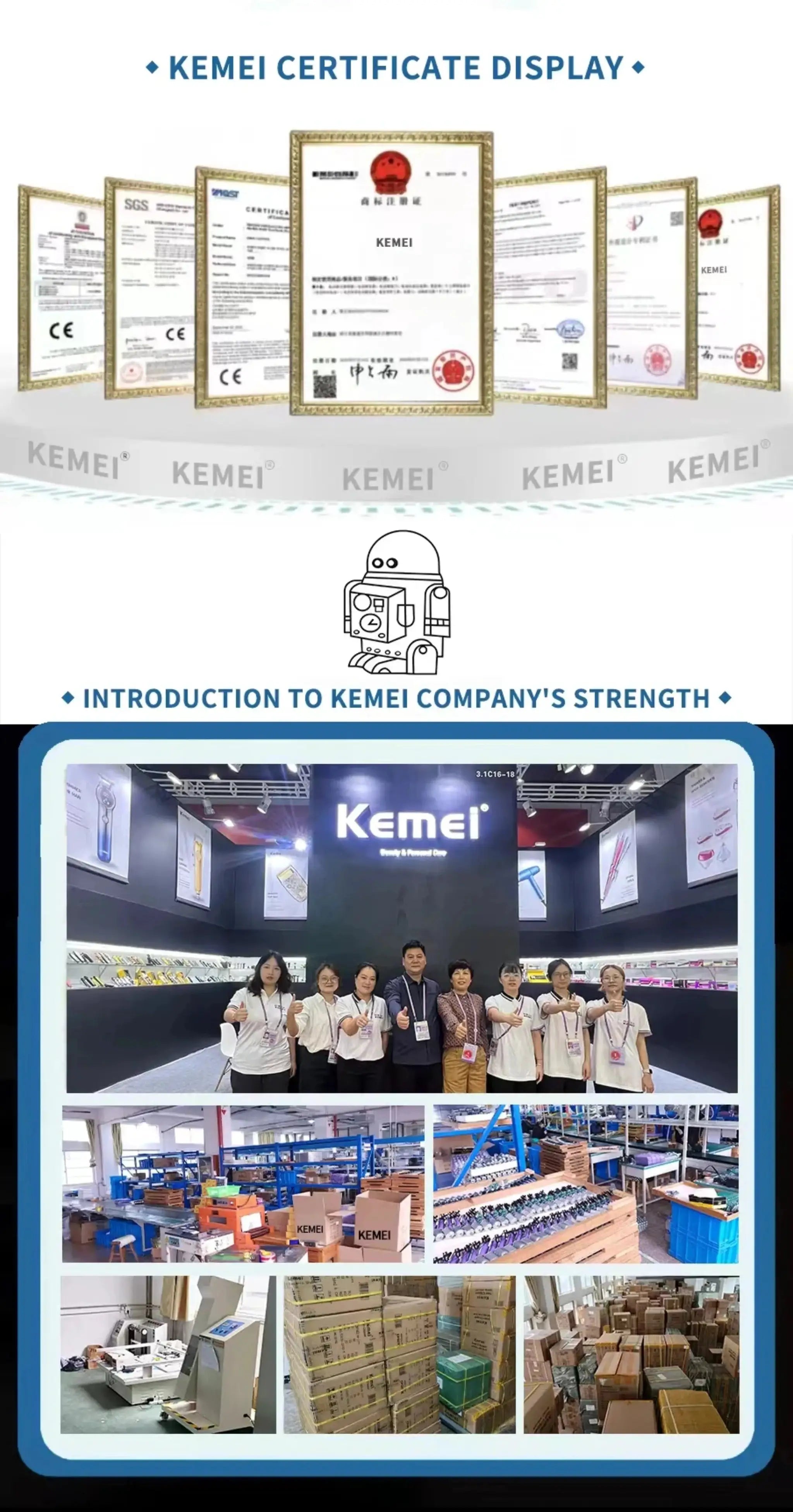 Kemei certificate display collage featuring framed certificates, a robot icon, and expo photos.
